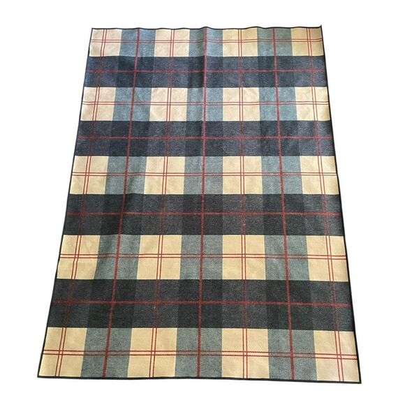 Ruggable Buffalo Plaid Blue Ivory Rug with Red Accents Discontinued 5 x 7 - Picture 1 of 13